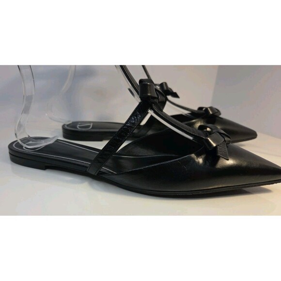 Garavani Valentino EU 37.5 Black Leather Flat Sandals French Bows & Ankle Strap - Picture 3 of 16